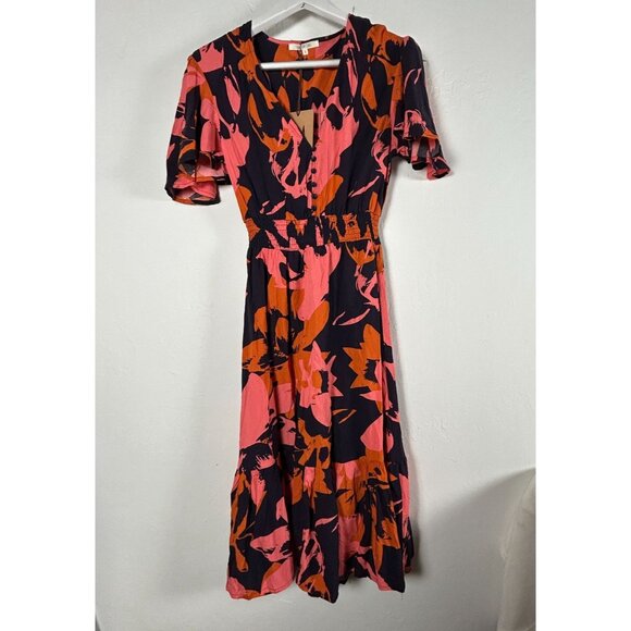 Abel The Label Women Floral Clare Midi Dress Small Navy/Orange Smocked Waist New - Picture 1 of 12